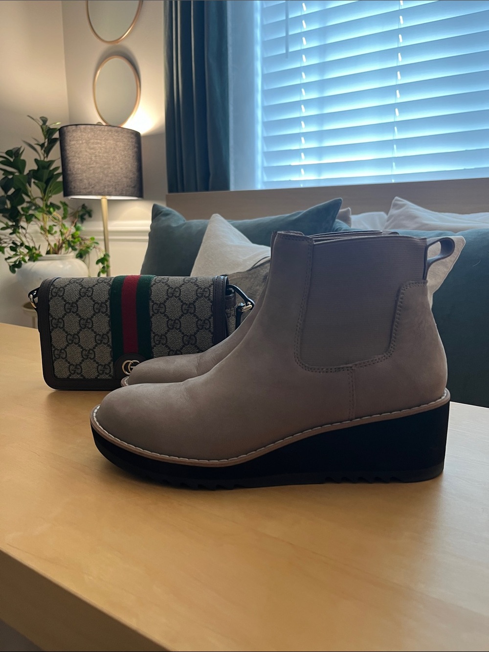 Eileen Fisher Taupe leather, Chelsea Wedge Booties